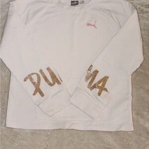 Puma Cream Pullover Sweatshirt with Pink Logo and Gold Sleeve Glitter